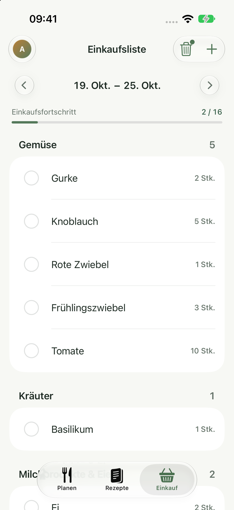 Die HeyNashi iPhone-App mit einer nach Kategorien sortierten Einkaufsliste, Einkaufsfortschritt und Mengenangaben.